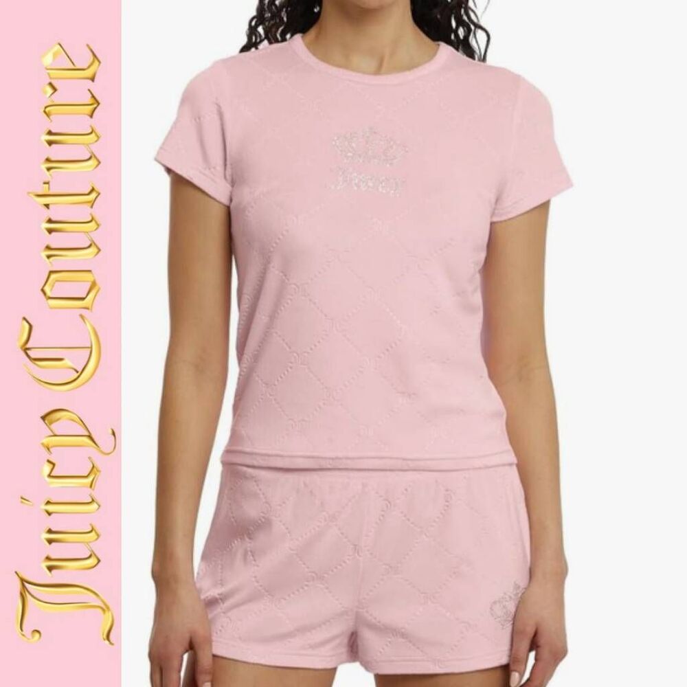 Juicy Couture JC Embossed Rhinestone Crown Logo Velour S/S‎ Shirt & Short PJ Set